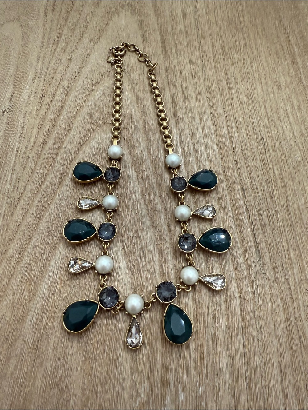 J.Crew Statement Necklace with Dark Green Tear-Drop Stones & Pearls - Picture 2 of 7